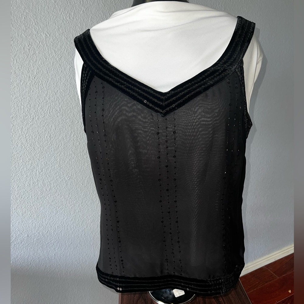 Sheer black tank with sequined arm and neck Trim Anne Taylor Loft Sz 16